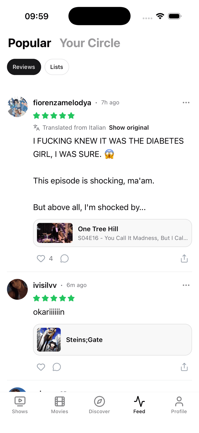 BingeBoxd feed of star-rated reviews