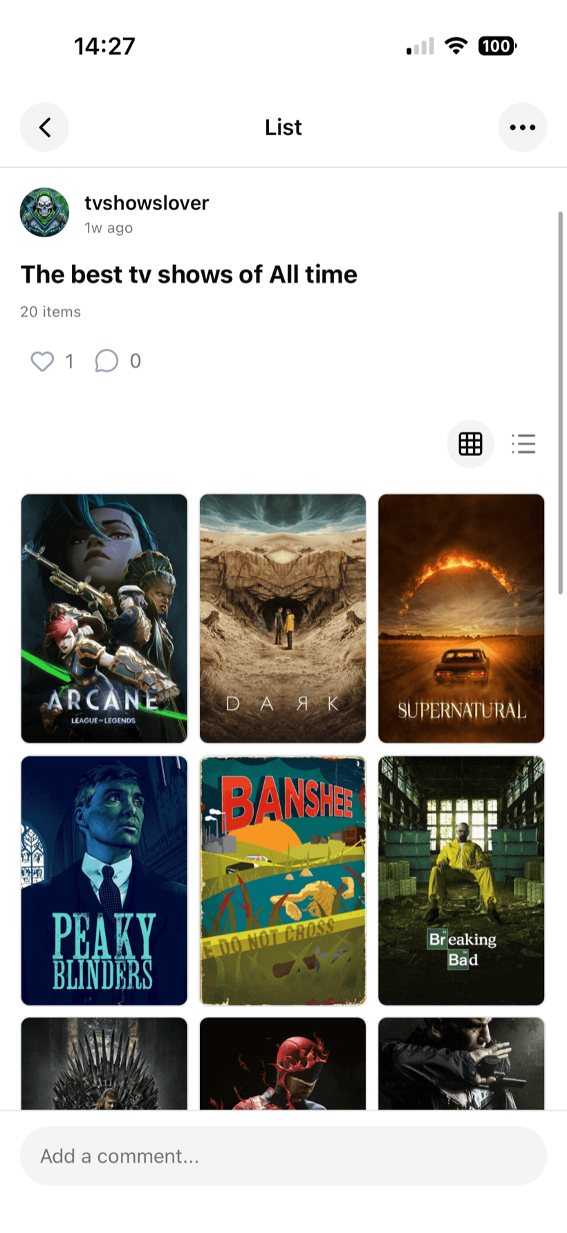 A shared BingeBoxd list titled The best tv shows of All time with a grid of show posters