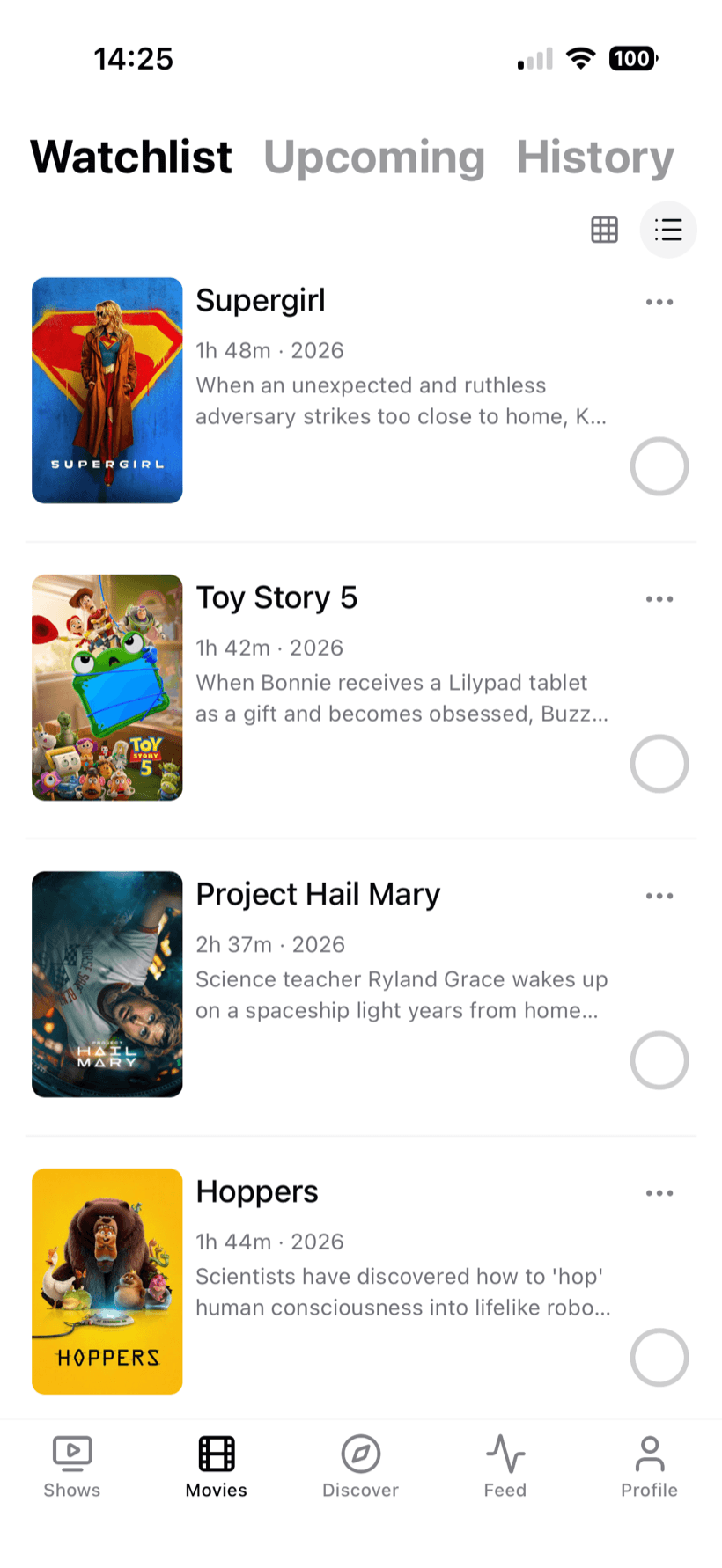 BingeBoxd movies watchlist with Supergirl, Toy Story 5, Project Hail Mary and Hoppers
