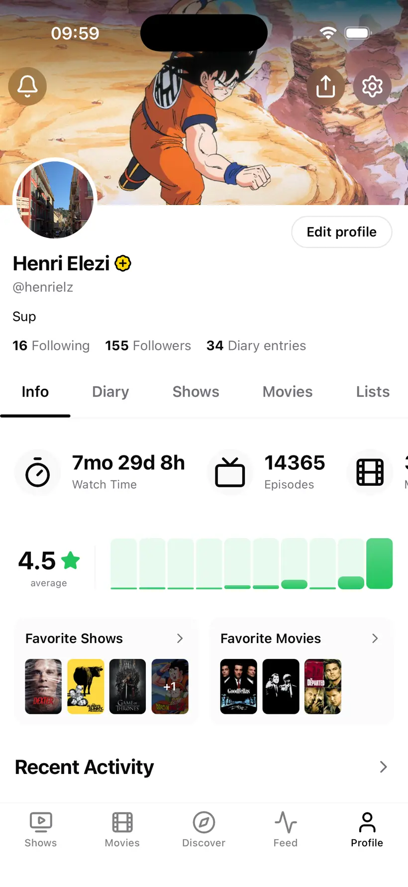 A BingeBoxd profile with watch-time stats and favorite shows