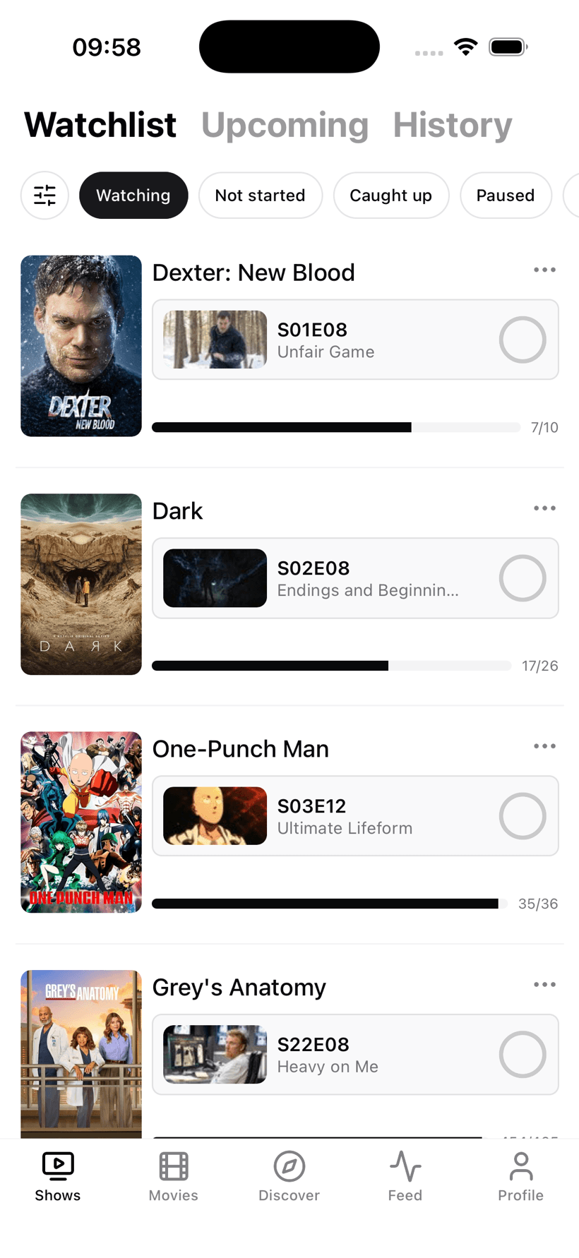 BingeBoxd watchlist with per-show episode progress